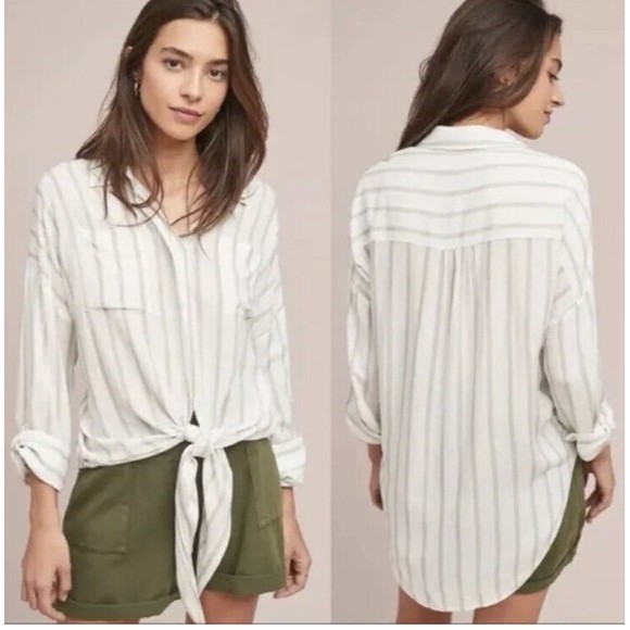 Maeve Sandbridge Anthropologie Button Down Blouse Tie Front White Tan XS - Picture 1 of 11
